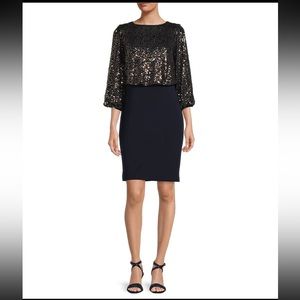 Jessica Howard Sequin 3/4 Puff Sleeve Boat Neck Suba Crepe Blouson Dress